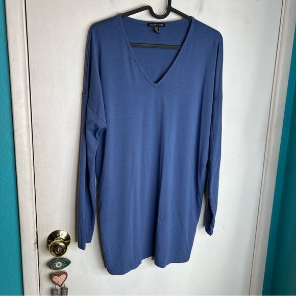 Eileen fisher blue V neck long sleeves tunic length top - Picture 1 of 7